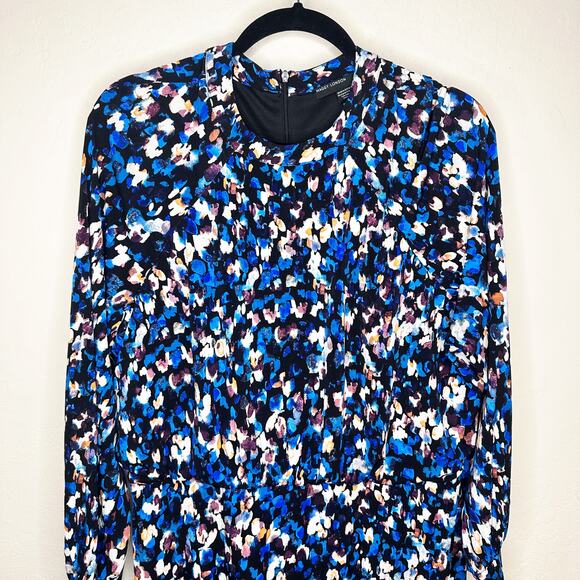 Maggy London Raglan Long Sleeve Crew Neck Blue Speckled Print Blouson Midi Dress - Picture 3 of 14